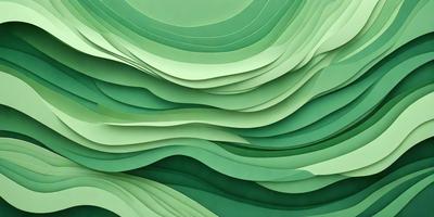 The primary subject of the image is a large, colorful, and intricate green sculpture. The sculpture is made of green paper and features a wave-like design. The setting is a wall, and the visual style is a combination of digital art and illustration. The colors and mood of the image are vibrant and lively, with the green paper creating a sense of freshness and energy.