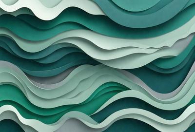 The primary subject of the image is a large, colorful, and textured wall. The setting is a room with a blue and green color scheme. The visual style is a combination of digital art and illustration, creating a unique and vibrant design. The dominant colors are blue and green, giving the wall a calming and soothing atmosphere.