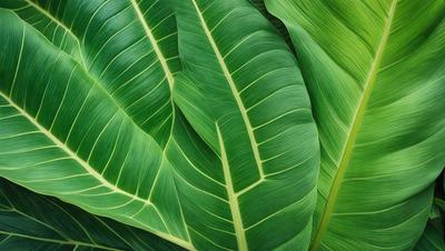 The image features a large green leaf, possibly a banana leaf, with a close-up view of its texture. The leaf is the primary subject of the image, and it is set against a background of other leaves, creating a sense of depth and natural environment. The visual style of the image is a close-up of the leaf, showcasing its intricate texture and details. The colors in the image are predominantly green, which gives the scene a fresh and lively atmosphere.