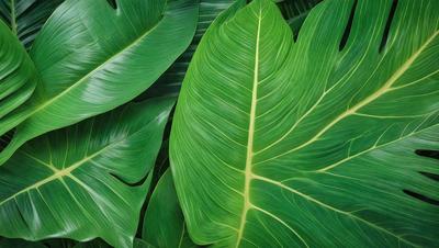 The image features a large green leaf, possibly a banana leaf, with a yellow tip. The leaf is prominently displayed in the foreground, covering a significant portion of the image. The leaf is surrounded by other green leaves, creating a lush and vibrant scene. The visual style of the image is a close-up of the leaf, emphasizing its texture and details. The colors and mood of the image are predominantly green and natural, with a hint of yellow from the leaf's tip.