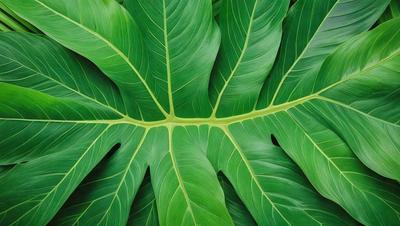 The image features a large green leaf with a distinctive shape, possibly resembling a heart. The leaf is prominently displayed in the foreground, covering a significant portion of the image. The leaf's vibrant green color and unique shape create a visually appealing and natural atmosphere.