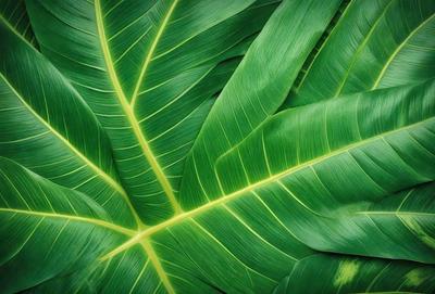 The image features a large green leaf with a yellowish hue, possibly a banana leaf. The leaf is prominently displayed in the foreground, covering a significant portion of the image. The leaf's vibrant colors and natural texture create a lively and serene atmosphere.