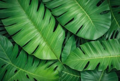 The image features a large green leaf with a hole in the center, surrounded by other green leaves. The leaf is the primary subject of the image, and it is set against a backdrop of more green leaves. The visual style of the image is a close-up of the leaf, and the dominant colors are green, with a slightly darker tone. The overall atmosphere of the image is lush and vibrant, showcasing the beauty of the green leaves.
