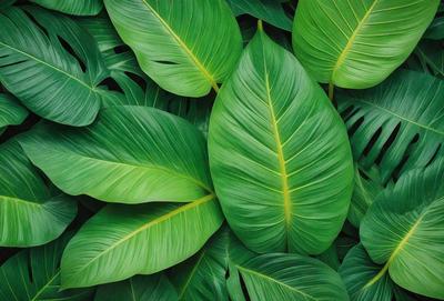The image features a large green leaf, possibly a palm leaf, with a yellowish tint. The leaf is prominently displayed in the foreground, covering a significant portion of the image. The leaf appears to be the primary subject, and its vibrant green and yellow colors create a lively and natural atmosphere. The setting is outdoors, with the leaf being the main focus of the scene. The visual style is a close-up of the leaf, emphasizing its details and textures.