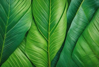 The image features a large green leaf, possibly a banana leaf, with a close-up view of its texture. The leaf is the primary subject of the image, and it is set against a backdrop of other green leaves, creating a lush and vibrant scene. The visual style of the image is a close-up of the leaf, showcasing its intricate details. The colors and mood of the image are predominantly green, giving it a fresh and natural atmosphere.