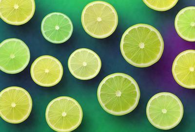The primary subject of the image is a group of green limes. They are arranged in a visually appealing manner, with some limes placed on top of each other, creating a sense of depth and dimension. The limes are placed on a green background, which adds to the overall color scheme and mood of the image. The visual style of the image is a close-up of the limes, showcasing their vibrant green color and unique texture.