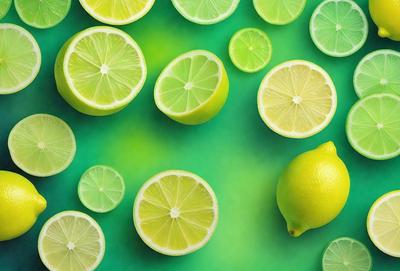 The primary subject of the image is a group of green lemons. They are arranged on a green surface, which could be a table or a counter. The lemons are placed in various positions, with some sitting on top of each other and others standing alone. The visual style of the image is a close-up of the lemons, showcasing their vibrant green color and texture. The overall atmosphere of the image is fresh and inviting, with the lemons being the main focus of the scene.