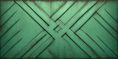 The primary subject of the image is a green metal wall with a pattern of interlocking squares. The setting is a room with a green wall, and the visual style is a close-up of the wall. The colors and mood of the image are predominantly green, giving it a calm and serene atmosphere.