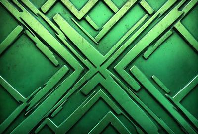 The primary subject of the image is a green metal wall with a pattern of interlocking X shapes. The setting is a room with a green metal wall, and the visual style is a close-up of the wall. The colors and mood of the image are predominantly green, giving it a calm and soothing atmosphere.