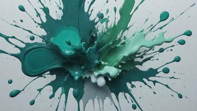 The primary subject of the image is a painting of a green and blue splash, which appears to be a mix of water and paint. The setting is a white background, and the visual style is a painting. The dominant colors in the painting are green and blue, creating a vibrant and lively atmosphere.