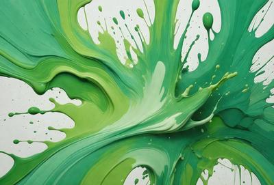 The primary subject of the image is a painting of a green and white splash, which appears to be a mix of a painting and a digital artwork. The setting is a white background, and the visual style is a combination of a painting and a digital artwork. The colors and mood of the painting are predominantly green and white, creating a sense of movement and fluidity.