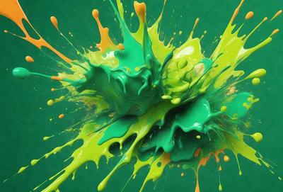 The primary subject of the image is a close-up of a green and yellow splash of paint, which appears to be a digital art or illustration. The setting is a green background, and the visual style is a mix of digital art and illustration. The dominant colors in the image are green and yellow, creating a vibrant and lively atmosphere.