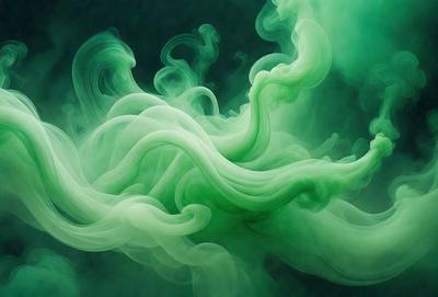 The primary subject of the image is a green, swirling, and flowing substance, which appears to be a mist or a vapor. The setting is a dark background, which contrasts with the green substance. The visual style is a close-up of the green substance, showcasing its intricate patterns and textures. The colors and mood of the image are predominantly green, creating a serene and calming atmosphere.