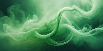 The primary subject of the image is a green smoke or mist, which appears to be a digital art or illustration. The setting is a dark background, and the visual style gives the impression of a surreal or fantastical scene. The colors and mood of the image are predominantly green, creating a serene and mysterious atmosphere.