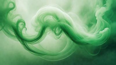 The primary subject of the image is a green, swirling mist or smoke. The setting is a dark background, which contrasts with the bright green color of the mist. The visual style appears to be a digital art or illustration, as the mist is depicted in a fluid and dynamic manner. The colors and mood of the image are predominantly green, creating a sense of tranquility and natural beauty.