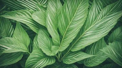 The image features a large green leaf with a white pattern, possibly a fern, in a lush green environment. The leaf is the primary subject, and it is displayed prominently in the foreground. The setting is a natural outdoor space, with the leaf being the main focus of the scene. The visual style is a close-up of the leaf, showcasing its intricate details. The colors and mood of the image are predominantly green, with the white pattern on the leaf adding a touch of contrast and