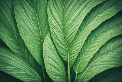 The image features a large green leaf with a patterned texture. The leaf is prominently displayed in the foreground, covering a significant portion of the image. The leaf appears to be a part of a plant, possibly a fern, and it is the primary subject of the image. The setting is a natural environment, with the leaf being the main focus of the scene. The visual style is a close-up of the leaf, showcasing its intricate pattern and texture. The colors and mood of the image are predomin