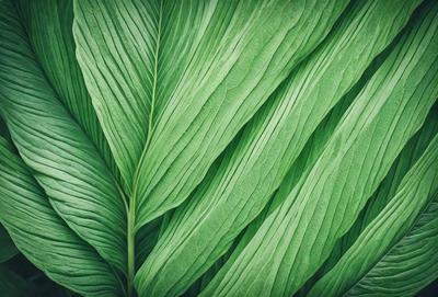 The image features a large green leaf, possibly a fern, with a close-up view of its texture. The leaf is the primary subject of the image, and it is set against a green background, which adds to the natural and vibrant atmosphere. The visual style of the image is a close-up, which highlights the intricate details of the leaf. The colors and mood of the image are predominantly green, creating a sense of freshness and vitality.