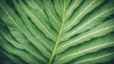 The image features a large green leaf with a pattern of white stripes. The leaf is prominently displayed in the foreground, covering a significant portion of the image. The leaf appears to be a close-up of a plant, possibly a fern, and its vibrant green color and white stripes create a visually appealing and natural scene.