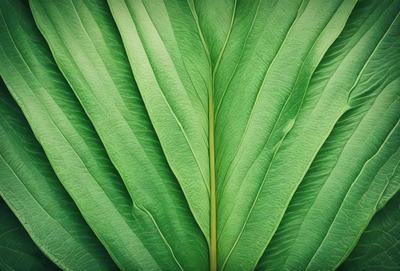 The image features a large green leaf, possibly a palm leaf, with a long stem. The leaf is prominently displayed in the foreground, covering a significant portion of the image. The leaf appears to be the primary subject, and its vibrant green color adds a lively atmosphere to the scene. The visual style of the image is likely a photo, as it captures the natural beauty of the leaf in its environment.