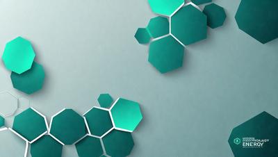 The primary subject of the image is a green and blue geometric pattern. The setting is a white wall, and the visual style is a digital art or illustration. The dominant colors are green and blue, creating a calm and soothing atmosphere.