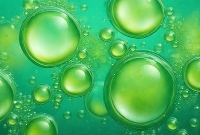 The primary subject of the image is a close-up of a green bubble, which is part of a larger group of bubbles. The setting is a green background, and the visual style appears to be a digital art or illustration. The dominant colors in the image are green and white, creating a soothing and calming atmosphere.