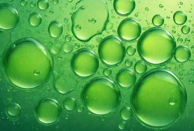 The primary subject of the image is a close-up of a green bubble, which is part of a larger group of bubbles. The setting is a green background, which adds to the overall atmosphere of the image. The visual style is a close-up of a single bubble, emphasizing its texture and details. The colors and mood of the image are predominantly green, creating a sense of freshness and natural beauty.