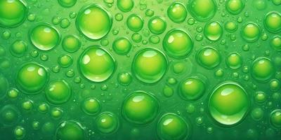 The primary subject of the image is a close-up of a green bubble, which is part of a larger group of bubbles. The setting is a background of a green and yellow color scheme, creating a vibrant and lively atmosphere. The visual style is a combination of a photo and digital art, as the bubbles are depicted in a realistic manner while the overall composition is artistic. The colors and mood of the image are predominantly green and yellow, giving it a fresh and energetic