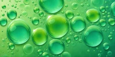 The primary subject of the image is a close-up of a green bubble, which is part of a larger group of bubbles. The setting is a green background, which adds to the overall atmosphere of the image. The visual style is a combination of a photo and digital art, creating a unique and eye-catching effect. The colors and mood of the image are predominantly green, giving it a fresh and lively appearance.