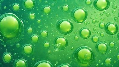 The primary subject of the image is a close-up of a green, bubbly surface, possibly a piece of art or a digital illustration. The setting appears to be a dark background, which contrasts with the bright green bubbles. The visual style is a combination of photo and digital art, creating a unique and eye-catching effect. The colors and mood of the image are predominantly green, with the bubbles giving off a lively and energetic vibe.