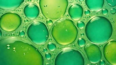 The primary subject of the image is a close-up of a green bubble, which is part of a larger group of bubbles. The setting is a green background, and the visual style appears to be a digital art or illustration. The dominant colors in the image are green and white, creating a lively and vibrant atmosphere.