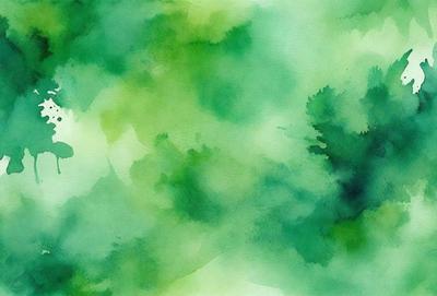 The primary subject of the image is a green leafy plant. The setting is a green background, which creates a natural and vibrant atmosphere. The visual style is a watercolor painting, giving the image a unique and artistic appearance. The dominant colors are green, which is prevalent throughout the image, and the overall mood is lively and fresh.