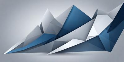 The primary subject of the image is a large, three-dimensional geometric shape made up of various triangles. The shape is predominantly blue and white, giving it a modern and sleek appearance. The setting is a white background, which provides a clean and minimalist look to the image. The visual style is a combination of digital art and illustration, creating a unique and eye-catching design. The colors and mood of the image are predominantly cool and contemporary, with the blue and white color scheme adding a sense of
