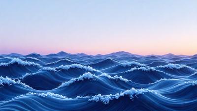 The primary subject of the image is a large body of water, with a blue color and a few white waves. The setting is a vast ocean, and the visual style is a digital art or illustration. The colors and mood of the image are serene and calming, with the blue water and white waves creating a peaceful atmosphere.