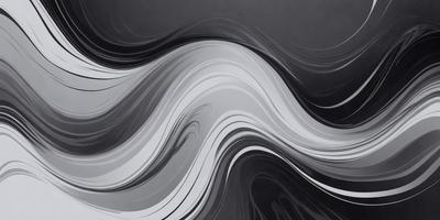 The primary subject of the image is a large, abstract wave pattern. The setting is a black background, which contrasts with the wave pattern. The visual style is a combination of digital art and illustration, creating a dynamic and modern appearance. The dominant colors are black and white, with the wave pattern featuring various shades of gray. The overall atmosphere is one of movement and fluidity, as the wave pattern seems to be in motion.