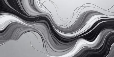 The primary subject of the image is a large, abstract painting featuring a mix of black, white, and gray tones. The painting is displayed on a white wall, creating a striking contrast between the artwork and the background. The visual style of the painting is a combination of digital art and illustration, giving it a modern and contemporary appearance. The dominant colors in the painting are black, white, and gray, creating a moody and dramatic atmosphere.