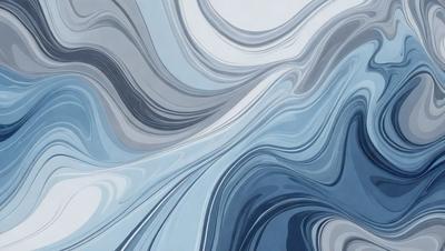 The primary subject of the image is a blue and white painting featuring a wave-like pattern. The setting is a wall, and the visual style appears to be a digital art or illustration. The dominant colors in the painting are blue and white, creating a calm and serene atmosphere.