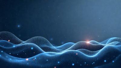 The primary subject of the image is a blue, digital-like pattern or wave. The setting is a dark background, which contrasts with the blue pattern. The visual style appears to be a combination of digital art and illustration. The colors and mood of the image are predominantly blue, creating a calm and serene atmosphere.