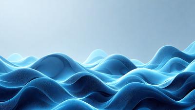 The primary subject of the image is a blue ocean with waves. The setting is a blue sky, and the visual style is digital art. The dominant colors are blue and white, creating a serene and calming atmosphere.