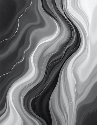 The primary subject of the image is a black and white painting of a series of curved lines. The setting is a white background, and the visual style is a painting. The dominant colors are black and white, creating a mood of simplicity and elegance.