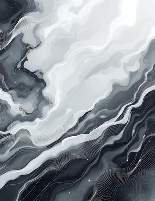 The primary subject of the image is a cloudy sky with a few stars visible. The setting is a black and white background, which adds a dramatic and artistic touch to the scene. The visual style is a combination of a photo and digital art, creating a unique and captivating atmosphere. The colors and mood of the image are predominantly dark and moody, with the cloudy sky and stars adding a sense of depth and intrigue to the scene.