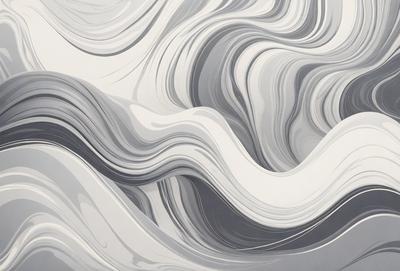 The primary subject of the image is a large, abstract painting featuring a wave-like pattern. The setting is a white wall, and the visual style appears to be a combination of digital art and illustration. The dominant colors in the painting are grays and whites, creating a calm and serene atmosphere.