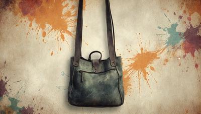 The primary subject of the image is a handbag, which is hanging on a wall. The handbag is green and has a leather-like appearance. The setting is a wall with a pattern of orange and white splatters, creating a unique and interesting backdrop for the handbag. The visual style of the image is a close-up of the handbag, showcasing its details and texture. The colors and mood of the image are vibrant and lively, with the green handbag standing out against the