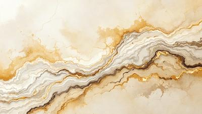 The primary subject of the image is a marble-like surface with a gold and white color scheme. The setting is a white wall, and the visual style appears to be a painting or drawing. The colors and mood of the image are warm and inviting, with the gold and white tones creating a sense of luxury and elegance.