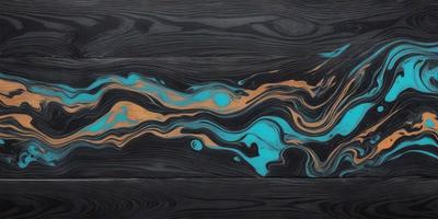 The primary subject of the image is a wooden table with a blue and orange swirl pattern. The setting is a wooden surface, and the visual style appears to be a combination of a photo and digital art. The dominant colors are blue and orange, creating a vibrant and lively atmosphere.