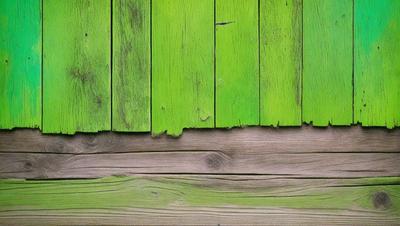 The primary subject of the image is a wooden plank with green paint on it. The setting is a wooden wall, and the visual style is a close-up of the wooden plank. The dominant colors are green and brown, creating a natural and rustic atmosphere.