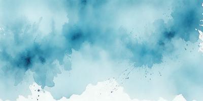 The primary subject of the image is a cloudy blue sky. The setting is a cloudy day, and the visual style is a watercolor painting. The colors and mood of the image are predominantly blue and moody, creating a sense of depth and atmosphere.
