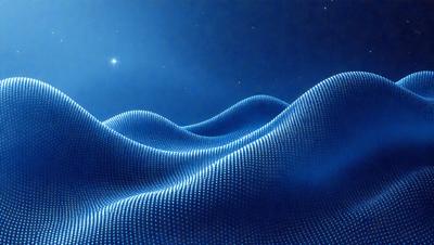 The primary subject of the image is a blue, wavy surface that resembles a wave or a water surface. The setting is a dark blue sky, which creates a contrasting background. The visual style is digital art, as the surface appears to be a digital pattern or texture. The colors and mood of the image are predominantly dark blue and serene, with the blue surface and sky creating a sense of calmness and tranquility.