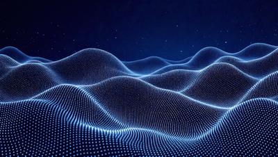 The primary subject of the image is a blue, geometric pattern that resembles a mountain range. The setting is a dark blue sky, which serves as the backdrop for the pattern. The visual style is a digital art or illustration, as the pattern is created using a computer or digital tool. The colors and mood of the image are predominantly blue, with a sense of depth and complexity in the pattern.