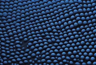 The primary subject of the image is a close-up of a blue surface with a pattern of blue circles. The setting appears to be a dark room, and the visual style is a close-up of a textured surface. The dominant colors are blue, and the overall atmosphere is calm and serene.